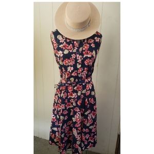 Blue flowy dress with pink flowers and belt